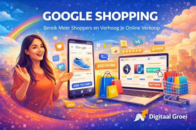 Digitale illustratie van Google Shopping advertenties met smartphone, laptop, winkelwagen en kleurrijke shopping-iconen