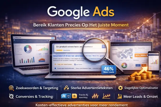 Google Ads banner met laptops, grafieken, zoekadvertenties, prestatiedashboards en een vergrootglas dat advertentieresultaten benadrukt.