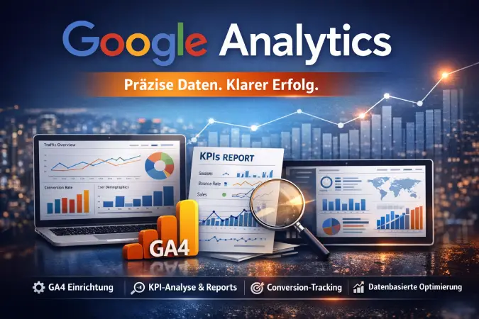 Illustratie van Google Analytics met dashboards, grafieken, statistieken, verkeersbronnen en groei-indicatoren in een moderne digitale marketingstijl.
