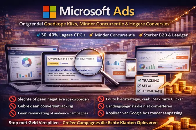 Microsoft Ads banner met laptops, dashboards, zoekadvertenties, vergrootglas, stijgende omzetgrafieken en een lijst met veelgemaakte advertentiefouten zoals slechte zoekwoorden, geen tracking en verkeerde biedstrategieën.