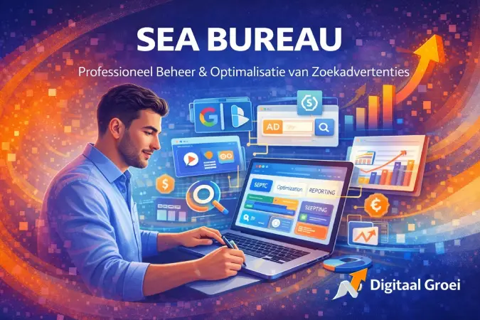 Illustratie van een SEA-specialist die zoekadvertenties beheert via een laptop, omringd door Google Ads-, Microsoft Ads- en data-analyse-iconen in een moderne digitale marketingstijl.
