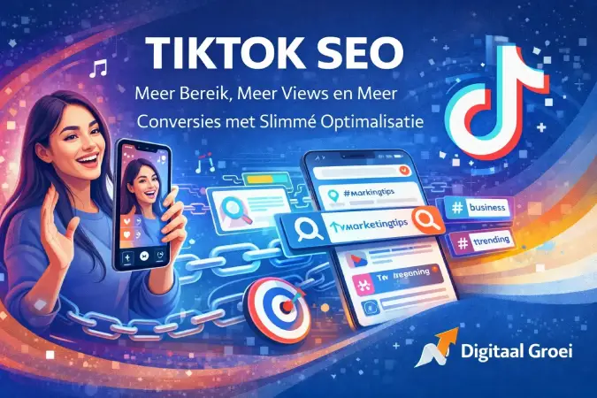 Illustratie van TikTok SEO met een content creator, smartphones met zoekbalken, hashtags, algoritme-iconen en groei-indicatoren in een moderne digitale marketingstijl.
