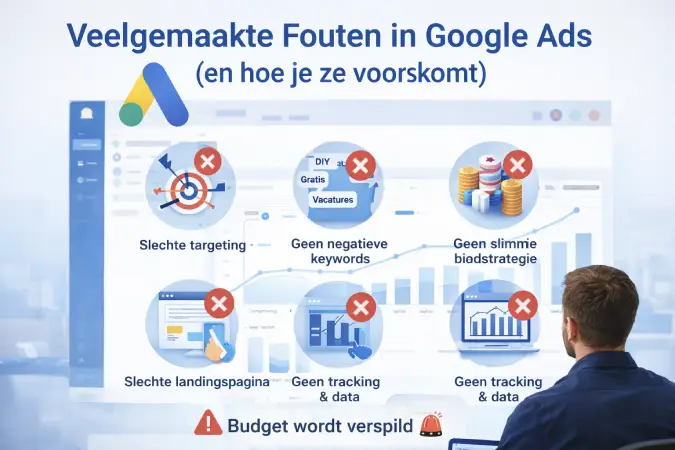 Illustratie van veelgemaakte fouten in Google Ads met iconen voor targeting, negatieve zoekwoorden, biedstrategieën, landingspagina’s en trackingproblemen.