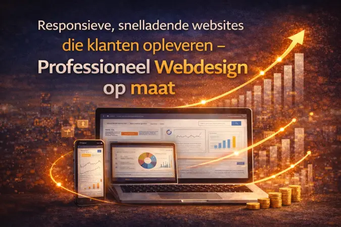 Webdesign-banner met laptop en smartphone die dashboards tonen, omgeven door oranje stijgende groeilijnen. De tekst benadrukt responsieve, snelladende websites en professioneel webdesign op maat.