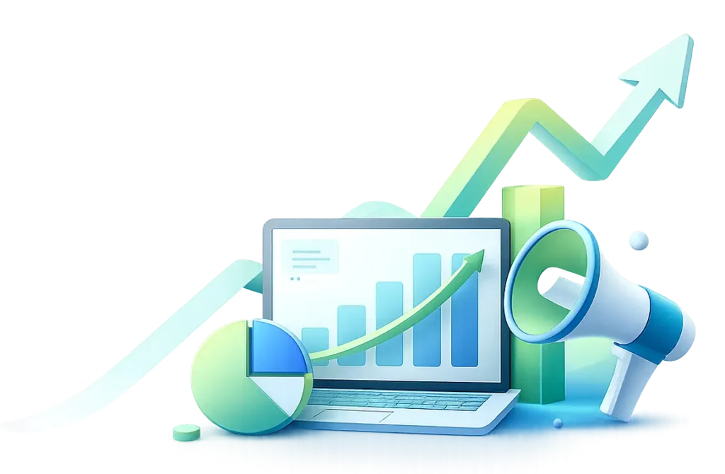 Een 3D-illustratie van een laptop met blauwe en groene staafdiagrammen op het scherm, een cirkeldiagram op de voorgrond, een megafoon aan de zijkant en een grote opwaartse pijl op de achtergrond die zakelijke groei symboliseert.