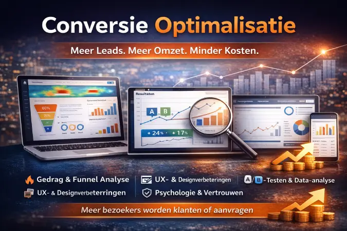 Conversie Optimalisatie banner met grafieken, A/B-testresultaten, funnel-analyse en stijgende omzetstatistieken op verschillende schermen.