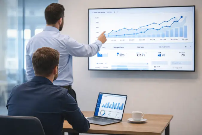 Marketing­specialist die een klant een groeigrafiek uitlegt tijdens een Google Ads analyse in een moderne kantoorruimte.