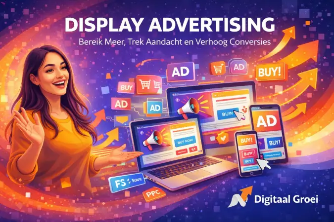 Twee mensen die koffie drinken op een terras in Antwerpen met de slogan ‘Klaar om te groeien?’