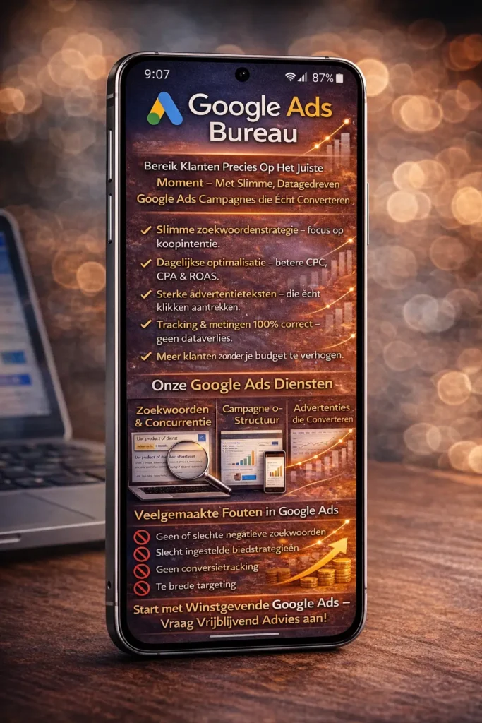 Een smartphone, tablet en laptop die hetzelfde Google Ads Bureau ontwerp tonen, met teksten over zoekwoordenstrategie, optimalisatie, conversietracking en veelgemaakte fouten in Google Ads, geplaatst op een houten tafel met warme bokeh-achtergrond.