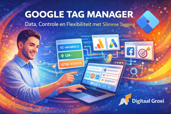 Illustratie van Google Tag Manager met een marketeer die tags, variabelen en triggers beheert via een laptop, omringd door iconen van GA4, Google Ads en Facebook in een moderne digitale marketingstijl.