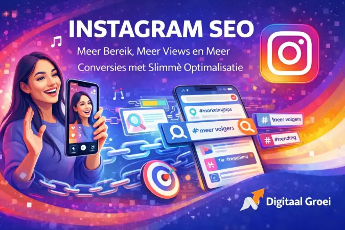 Illustratie van Instagram SEO met een content creator, smartphones met zoekbalken, hashtags en groei-iconen in een moderne digitale marketingstijl.