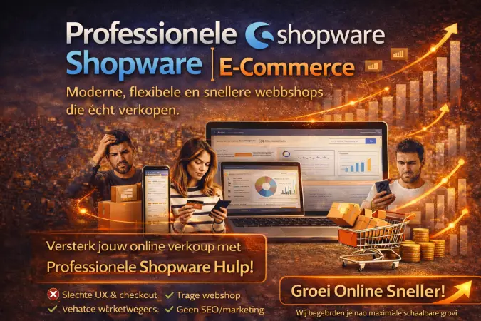 Shopware e-commerce banner met een laptop, smartphone en pakketjes voor een winkelkar, omringd door oranje stijgende grafieken. De visual toont klanten met frustraties door slechte UX en trage webshops, naast voordelen van professionele Shopware ondersteuning.
