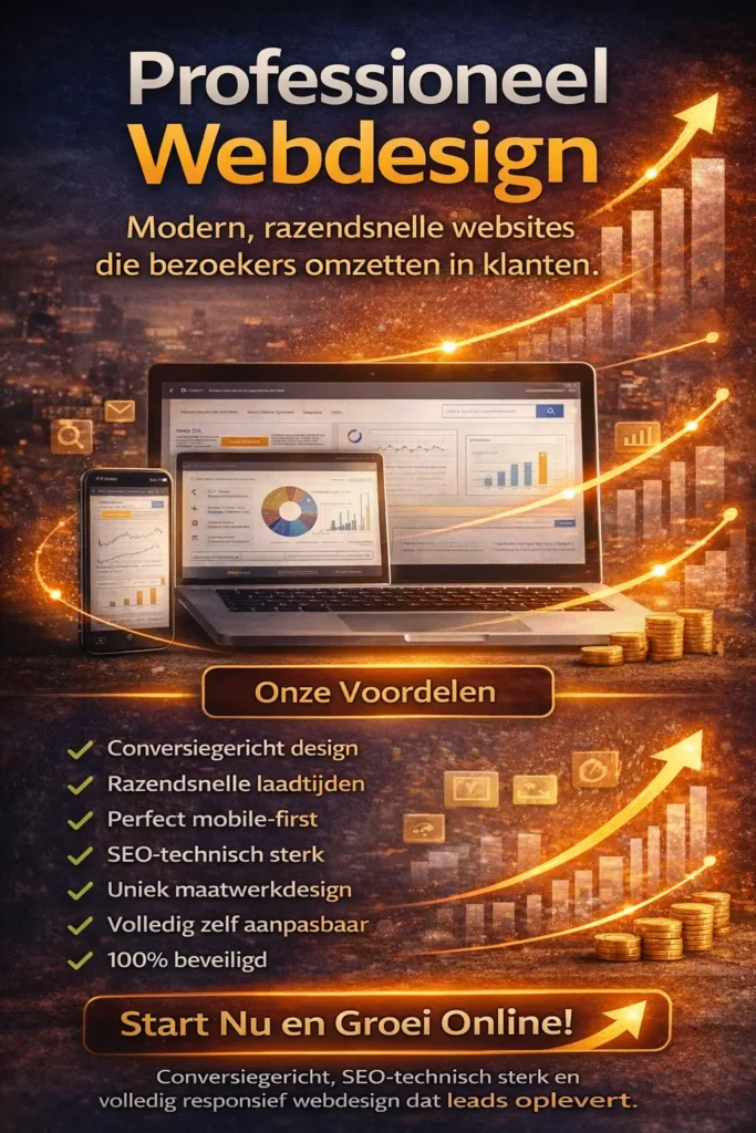 Dynamische webdesign-banner met laptop, tablet en smartphone die moderne dashboards tonen, omgeven door stijgende grafieken en oranje lichtlijnen. De visual benadrukt conversiegericht webdesign, razendsnelle laadtijden, mobile-first en SEO-technische optimalisatie.